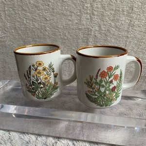 Vintage Speckled Flower Stoneware Mugs Made in Japan